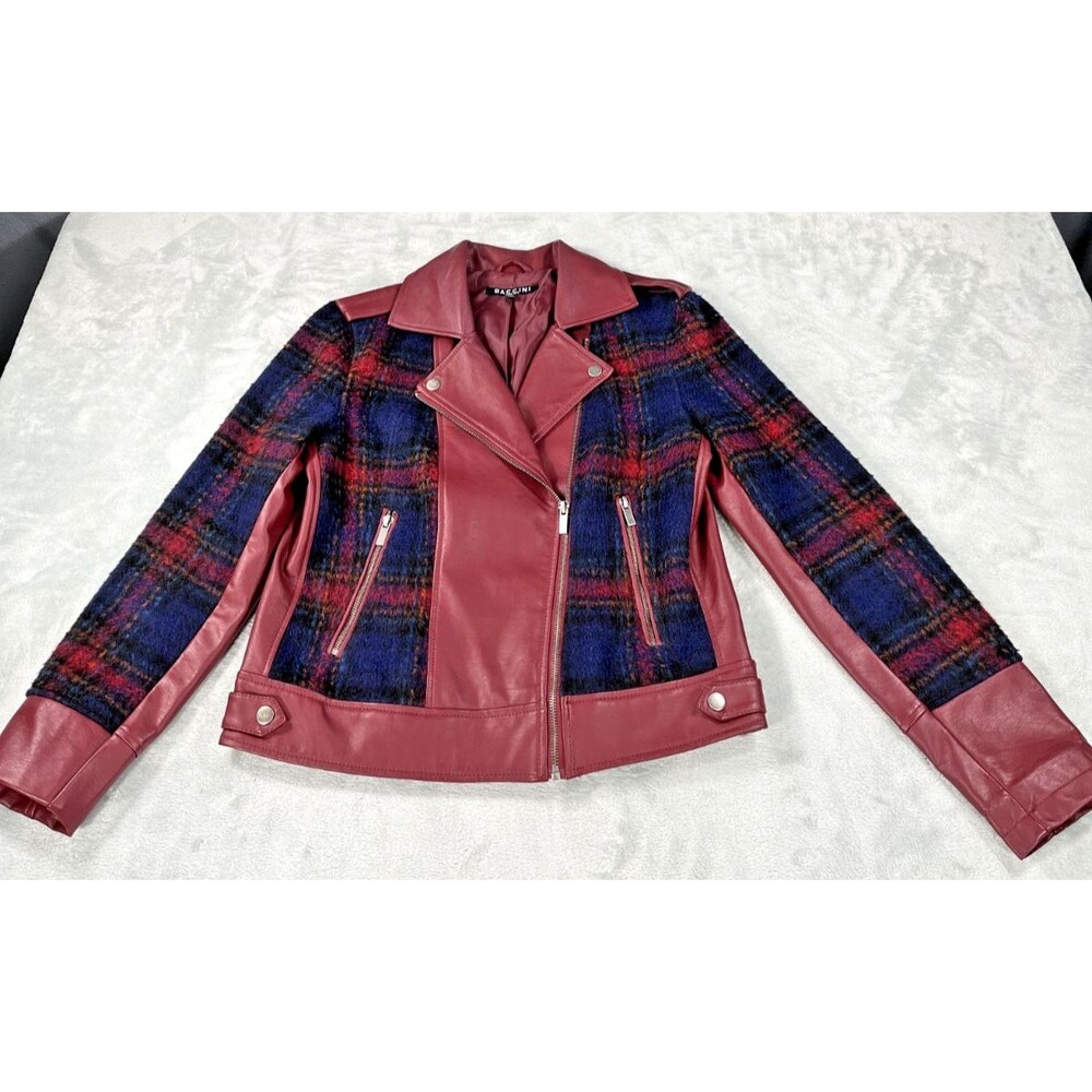 Baccini Womens Fuax Leather Plaid Moto Jacket Burgandy Blue Red Size Small